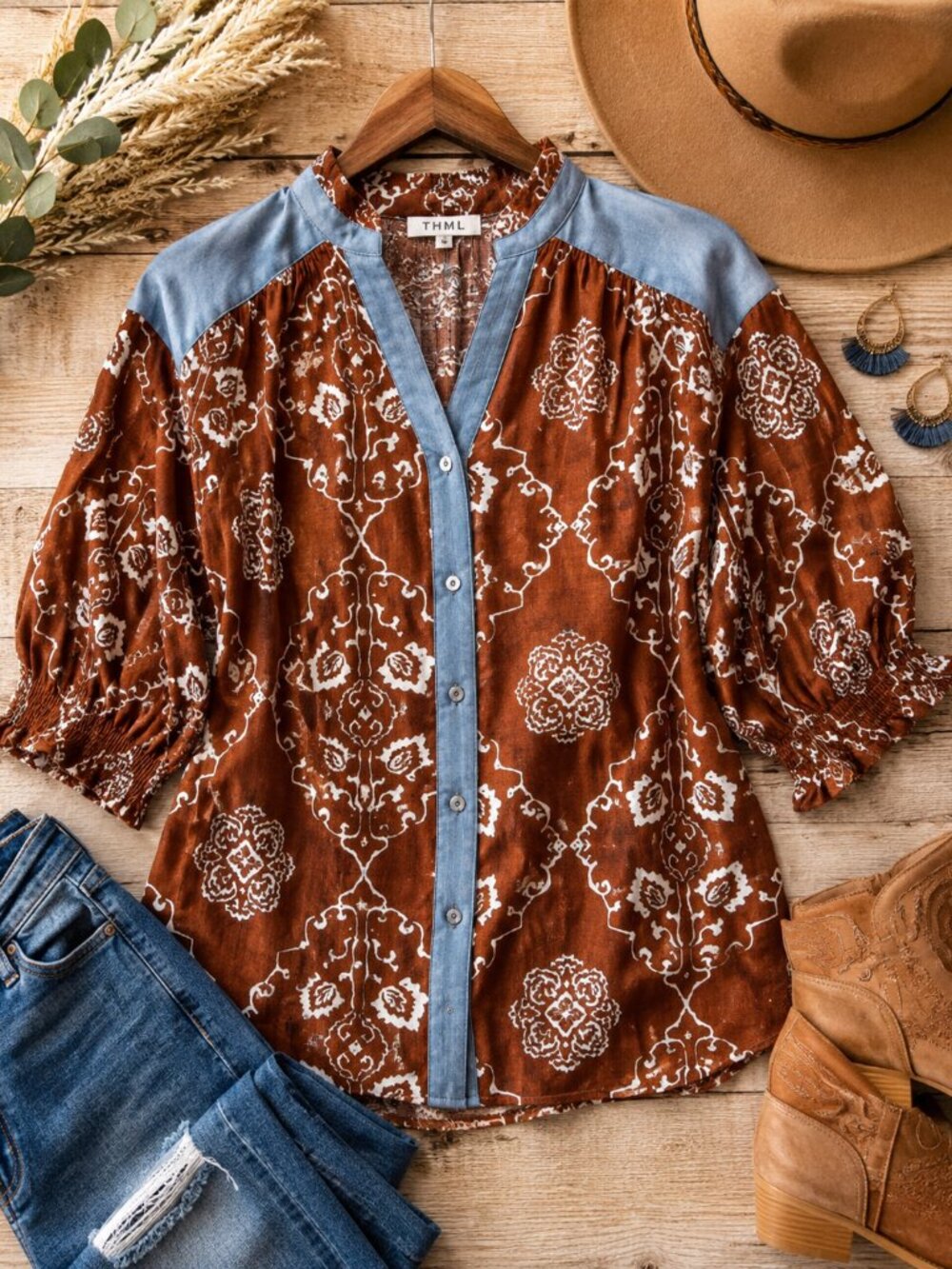 THML Rust Boho Southwestern Print Blouse Denim Trim Button Front Top Medium NWT